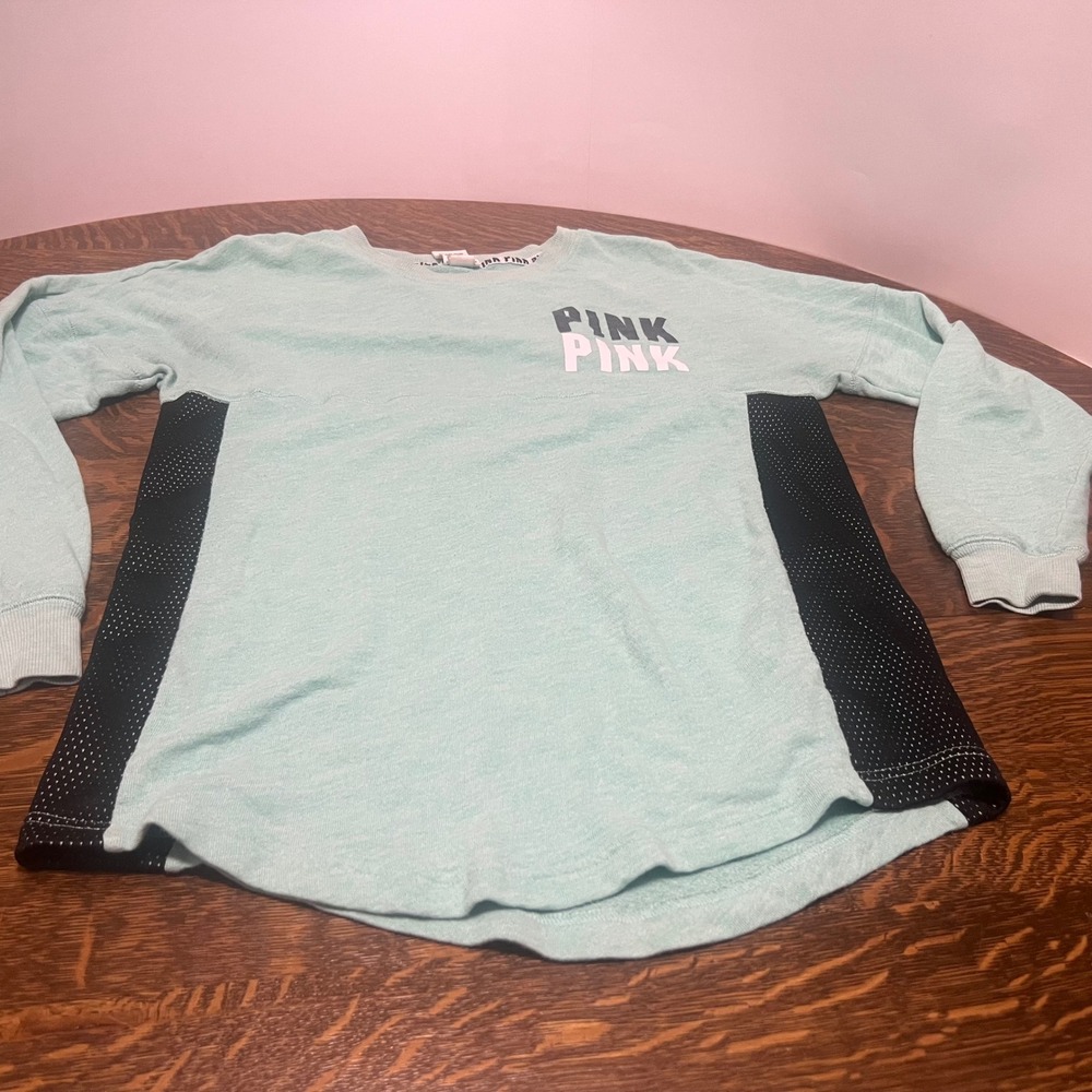 PINK Victoria's Secret‎ Sweatshirt Women XS Mint Green Mesh Logo Long Sleeve